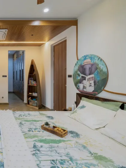 A unique boat-shaped bookshelf we custom-built for the Villa 17 master bedroom, adding a whimsical and personal touch to the space.