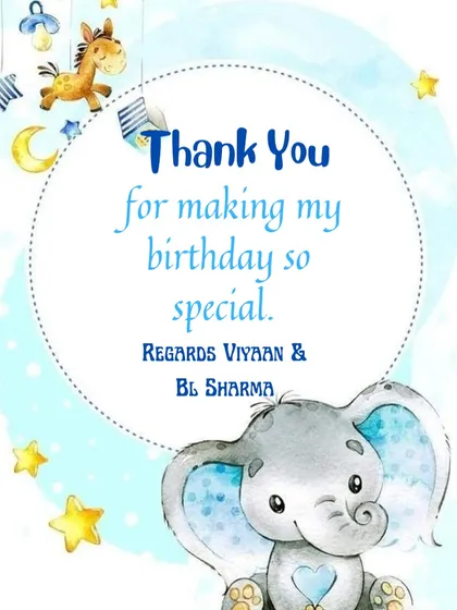 A thank you card for baby Viyaan's arrival, featuring a cute elephant and bear theme.