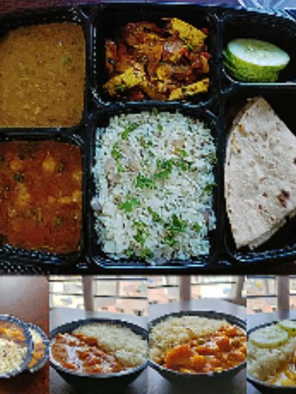 Another look at the variety I offer to answer your daily food questions. You can see a full thali, along with different rice bowl combinations like rajma chawal and kadhi chawal.