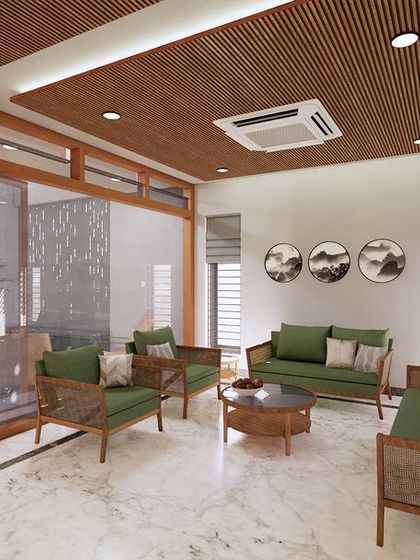 A render of a contemporary living room with a wooden slat ceiling and marble flooring. The space is organized around a glass-enclosed courtyard, maintaining a visual connection to nature.
