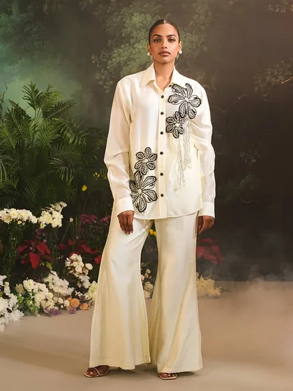 A full-length view of the ivory Azalea Co-Ord Set, embodying contemporary elegance and luxury.
