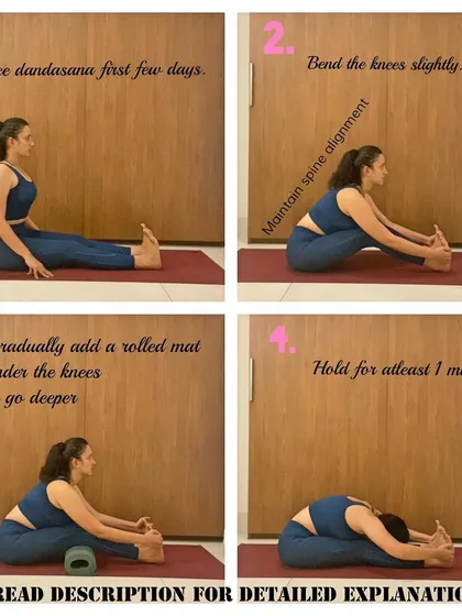 The Seated Forward Fold, or Paschimottanasana, is a deep stretch for the entire back of your body. This guide shows how to modify the pose with bent knees or a rolled mat to ensure you're bending from the hips and keeping your spine safe.