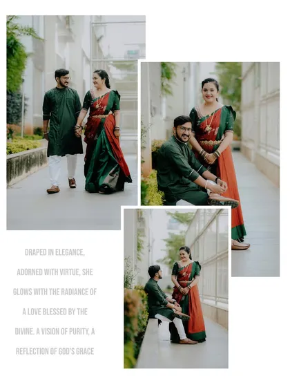 A collage of the couple in their matching green and red traditional outfits, capturing their elegant and happy moments.