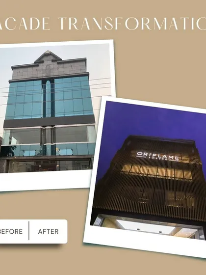 This before and after shot demonstrates our expertise in facade transformation. We revitalized an aging commercial building in South Delhi for Oriflame, creating a contemporary, energy-efficient exterior using a lightweight aluminum slatted structure without major structural changes.