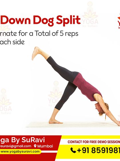 The Down Dog Split is another foundational pose in our Yoga and Kickboxing workout, enhancing flexibility and full-body strength.