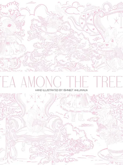 Welcome to 'Tea Among the Trees', a whimsical woodland tea party. This hand-illustrated collection features bunnies and squirrels in their finest attire, perfect for creating a magical storybook feel in a child's room or for party invitations.