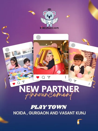 Announcing our partnership with Play Town! This graphic shows kids having a blast, from driving mini cars to playing in the ball pit. Book through Kiddybuzz for exclusive discounts.