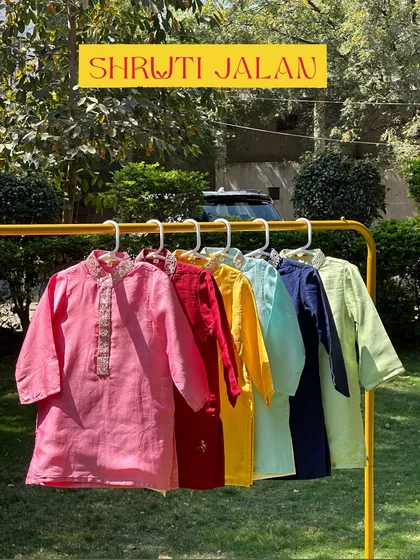 A rainbow of kurtas for boys. These are perfect for mixing and matching for any festive occasion.