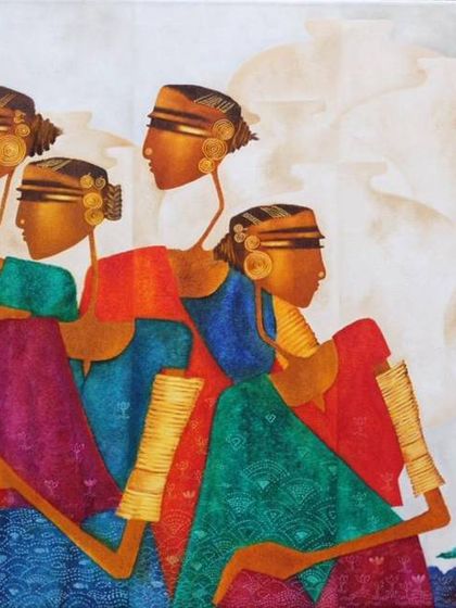 I am drawn to artists who capture the strength of Indian women, like Bharti Prajapati. Her work is inspired by the vibrant colors and character of folk women, celebrating their grace and resilience.