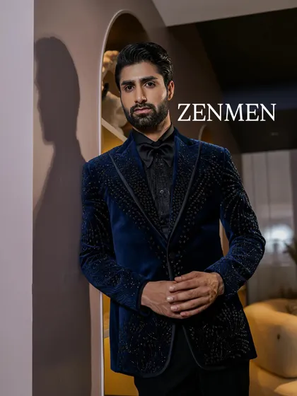 This deep blue velvet tuxedo is all about texture and sophistication. It’s a modern take on classic formal wear, designed to make you feel confident and sharp.