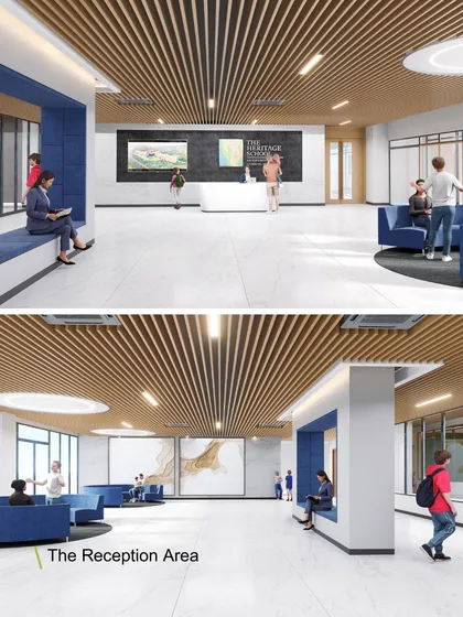 The reception area at Heritage Xperiential School, featuring comfortable seating nooks and a modern, clean aesthetic. This space serves as the first impression of the school, designed to be both welcoming and representative of its progressive learning philosophy.