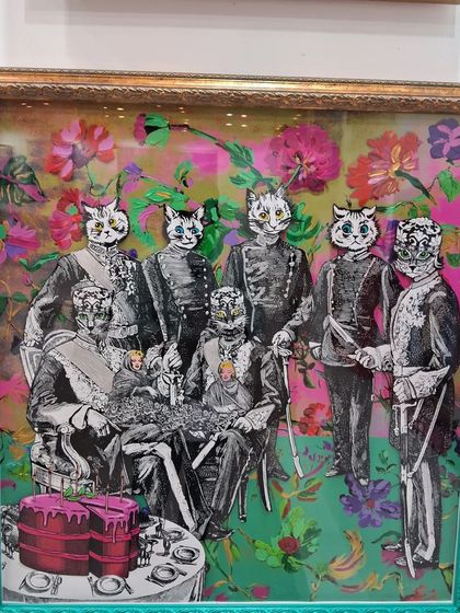 A vibrant and whimsical collage by artist Beygum Bano, whose unique style was a highlight at our World Art Dubai booth. Her work blends historical motifs with modern pop culture.