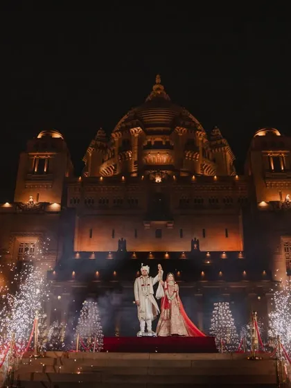 This is the moment that takes everyone's breath away. I help you create a fairytale entrance against a majestic backdrop like the Umaid Bhavan Palace, complete with fireworks that light up the sky and mark the beginning of your forever.