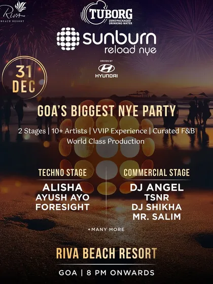 The official poster for Goa's Biggest NYE Party at Sunburn Reload. I was thrilled to be on the commercial stage lineup alongside such great artists.
