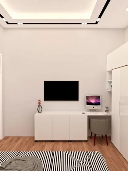 A minimalist bedroom and study area concept with all-white furniture.
