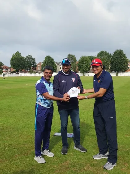 Coaches Amit Jadhav, Sumit Panda, and R.P. Singh at the Urmstone Cricket Club. The players benefit from a strong support staff of experienced coaches throughout the tour.