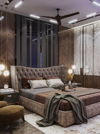 A bedroom with a moody and dramatic aesthetic, featuring dark wood paneling in a chevron pattern and tufted upholstery. The renders capture the intimate and luxurious feel of the space.