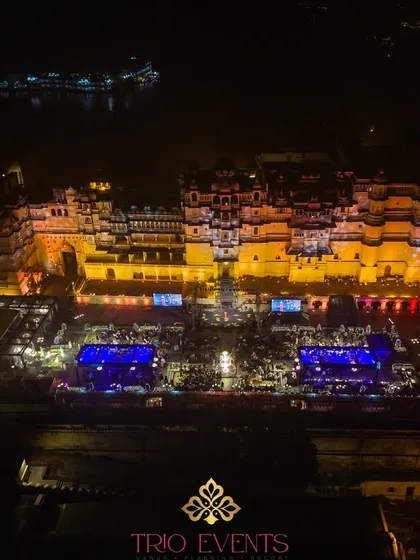 I specialize in executing weddings on a magnificent scale, transforming entire heritage properties like Udaipur's City Palace into a breathtaking backdrop for your love story. This aerial view captures the sheer grandeur of a Sangeet night I planned.