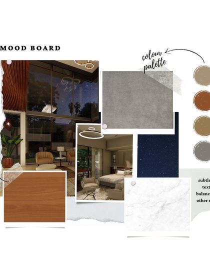 A mood board for a living space, focusing on the interplay of wood, concrete, and marble textures. The color palette is earthy and neutral, designed to create a calm and sophisticated environment.