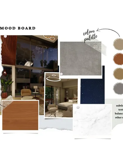 A mood board for a living space, focusing on the interplay of wood, concrete, and marble textures. The color palette is earthy and neutral, designed to create a calm and sophisticated environment.