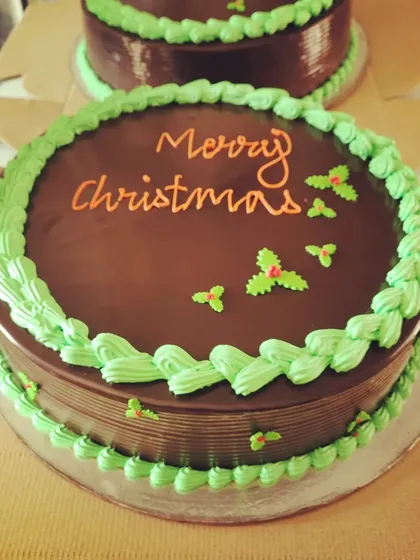 A simple and classic chocolate Christmas cake with green and red frosting.