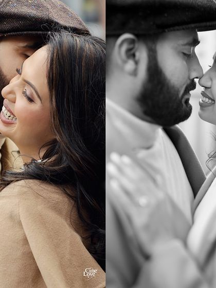 A close-up of laughter and love. The couple's coordinated camel coats and warm smiles create a cozy and chic autumn look for their London pre-wedding shoot.