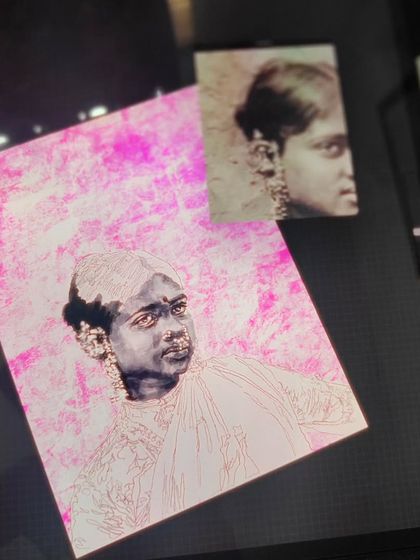 A work-in-progress shot of the "Vintage Woman" portrait on my iPad. It shows the line art stage before the shading and details are added.