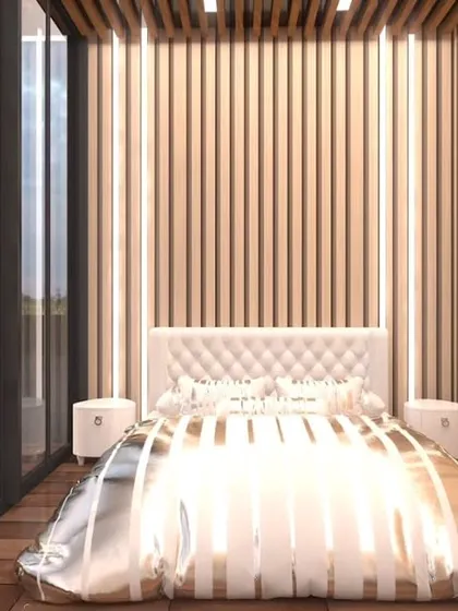 The proposed interior of the Greater Kailash glass house, with elegant vertical wood paneling and a luxurious bed, creating a hotel-like suite.