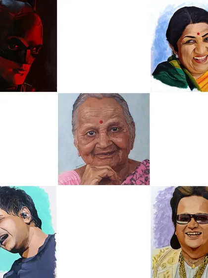 My top five artworks from 2022. This collection includes portraits of Batman, Lata Mangeshkar, KK, Bappi Lahiri, and a commissioned portrait of a grandmother.