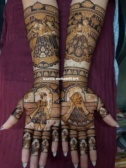 A classic bride and groom portrait design. One hand features the bride in her doli, while the other shows the groom, complemented by dancing figures on the forearms.