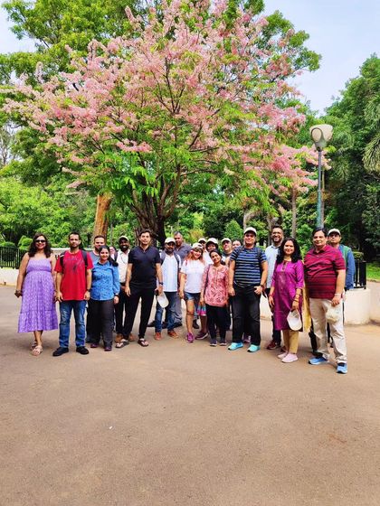 Another group photo from our Lalbagh walk, this time under a canopy of blooming pink Cassia trees. A perfect photo-op on a perfect day.