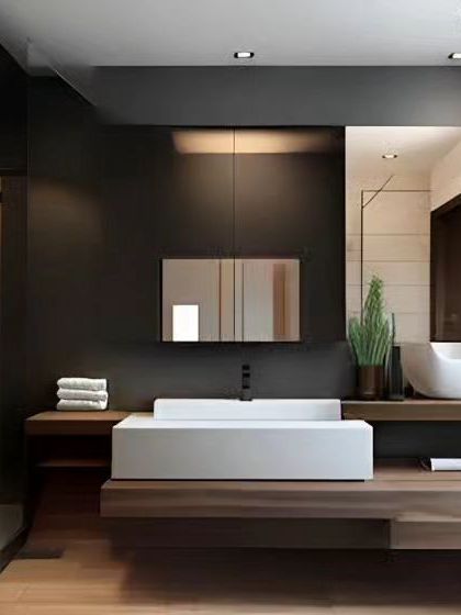 A spacious and serene bathroom with a strong connection to nature. The design uses warm wood for the walls, floor, and extended vanity, creating a tranquil, spa-like atmosphere with a walk-in shower.