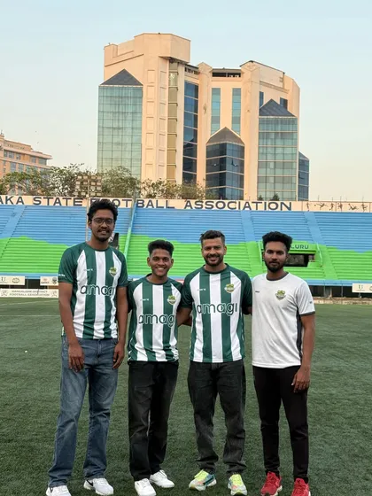 Our team, including physiotherapists and a Strength and Conditioning Specialist, on the field with Kickstart FC. It's a privilege to support local teams and contribute to their success in the Bangalore Super Division.