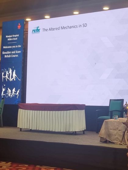 The stage setup for the Shoulder and Knee Rehab Course, a collaboration between Peak Performance and Manipal Hospitals to foster education in sports medicine.