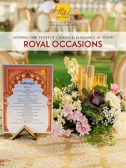 We add charm and elegance to your royal occasions with personalized details. A beautifully designed menu card placed on an elegant table setting informs guests of the culinary journey ahead.