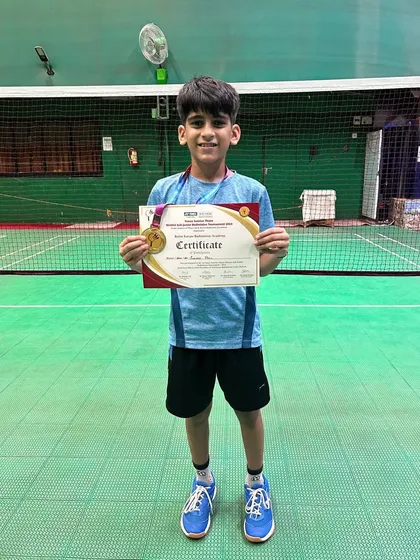 One of our promising young players, Shrijeet Patil, after reaching the quarterfinals in the Yonex Sunrise Thane District Sub-junior Badminton Tournament.