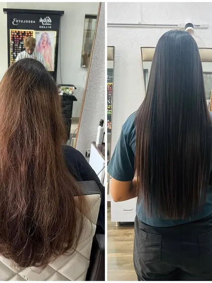 From frizzy and dry to smooth and silky. This before and after image showcases the incredible results of a professional hair smoothening treatment.
