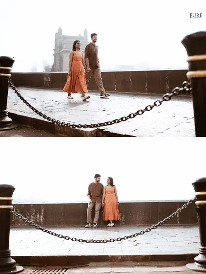 This diptych captures two beautiful scenes by the Mumbai waterfront. Above, the couple walks along the promenade, and below, they share an intimate moment against the backdrop of the sea.