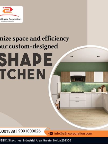 This L-shaped kitchen is designed to maximize efficiency in a compact space. The dual-tone cabinets in wood and white, paired with a green tiled backsplash, create a fresh and modern aesthetic.