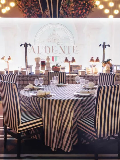 Our 'Al Dente' Italian station, designed with a classic black-and-white striped theme, creating a chic and timeless European bistro feel.