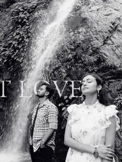 A black and white artistic shot of a couple at a waterfall, with the words "Just Love" overlaid. This creates a moody and timeless feel.