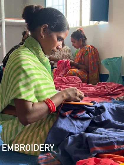 Women artisans in our clusters carefully embroider each saree by hand. This image shows the patience and precision required to bring the intricate Chikankari patterns to life.