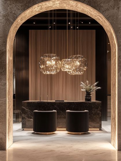 This reception area makes a stunning first impression with a cluster of textured glass chandeliers. The lighting is designed to light moods and create memories from the moment a guest arrives.