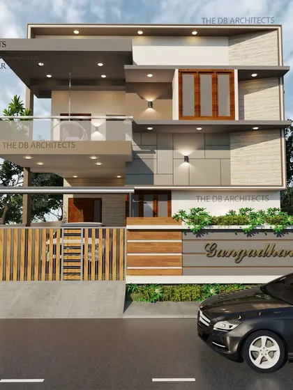 Another view of the 3D render for Mr. Gangadhar's residence. This angle highlights the interplay between the cantilevered balcony, the wooden gate, and the textured compound wall.