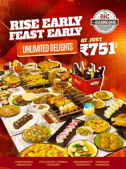 Beat the rush and taste the best. Our Early Bird Buffet is served hot and fresh for just ₹751. Come early and feast plenty.