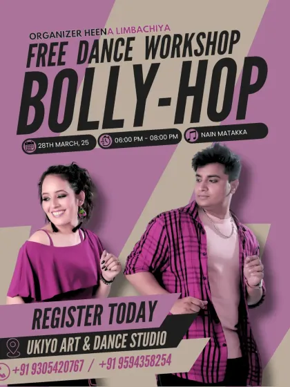 We often host free workshops for everyone to try out our classes. This flyer for our Bolly-Hop session gives you an idea of the exciting, no-pressure events we organize for the community.