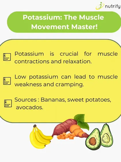 Potassium is the muscle movement master. It's crucial for muscle contractions and can help prevent weakness and cramping. Find it in foods like bananas, sweet potatoes, and avocados.