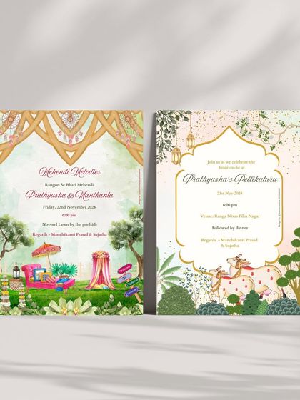 A showcase of two distinct printed invitation styles. On the left, a vibrant Mehendi invite with playful illustrations, and on the right, a traditional card featuring sacred cow motifs from Pichwai art, demonstrating my versatile design range.