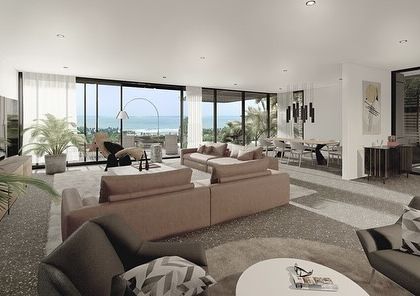 With expansive views of the sea, the living spaces in our Dona Paula masterplan are designed to be light and open. We used minimal interiors and large glass openings to ensure the focus remains on the stunning natural surroundings.