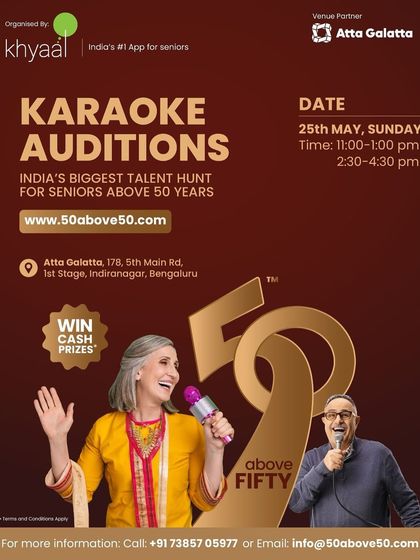 Poster for Karaoke Auditions for '50 Above Fifty', a singing competition for seniors.